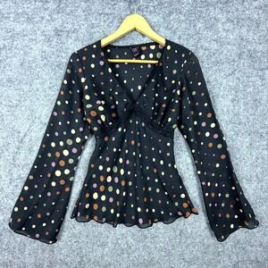 Wrapper Sheer Blouse Top Womens Black Polka Dot Long Sleeve Babydoll Tie Back